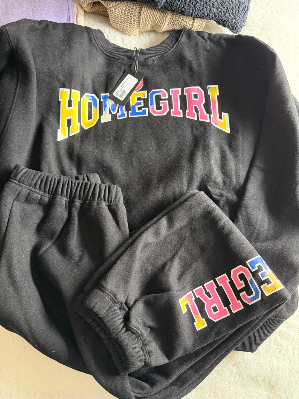 Black 'HOMEGIRL' Crewneck Sweatshirt & Joggers Set - Multicolor Lettering